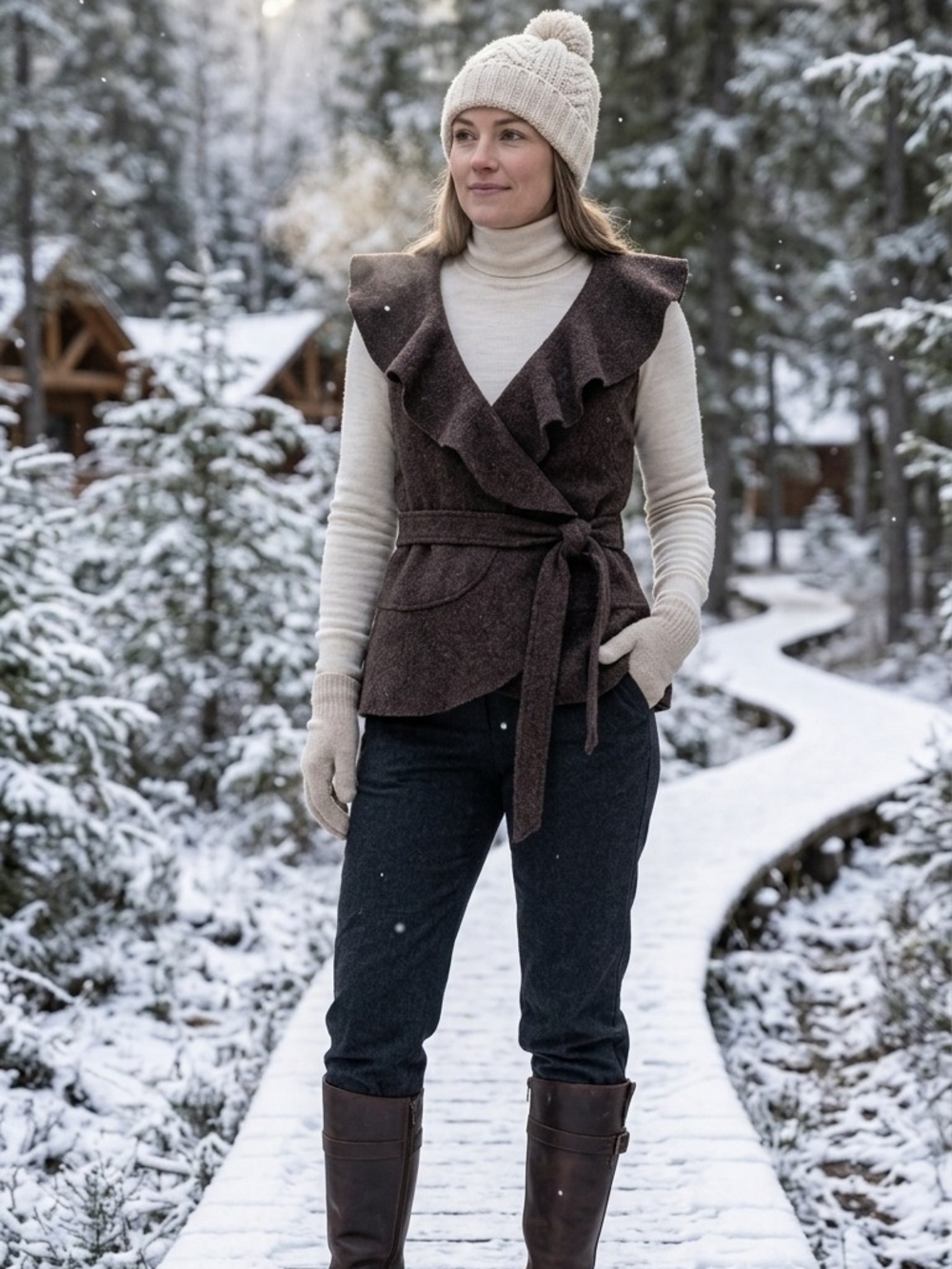 A. Giannetti 100% Wool Brown Ruffle Wrap Vest with Belt